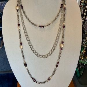 Silver pearl and amethyst 3 layer necklace
